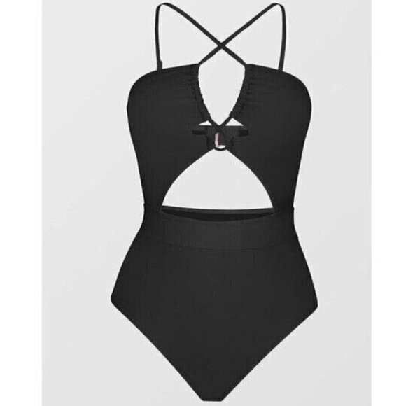 Cupshe Women One Piece Swimsuit L Black Cutout High Waist Crisscross Back Cheeky - Picture 5 of 9